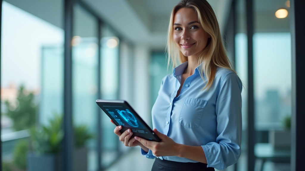 Persona sosteniendo tablet mostrando datos de diagnóstico remoto con gráficos de sistema en tiempo real